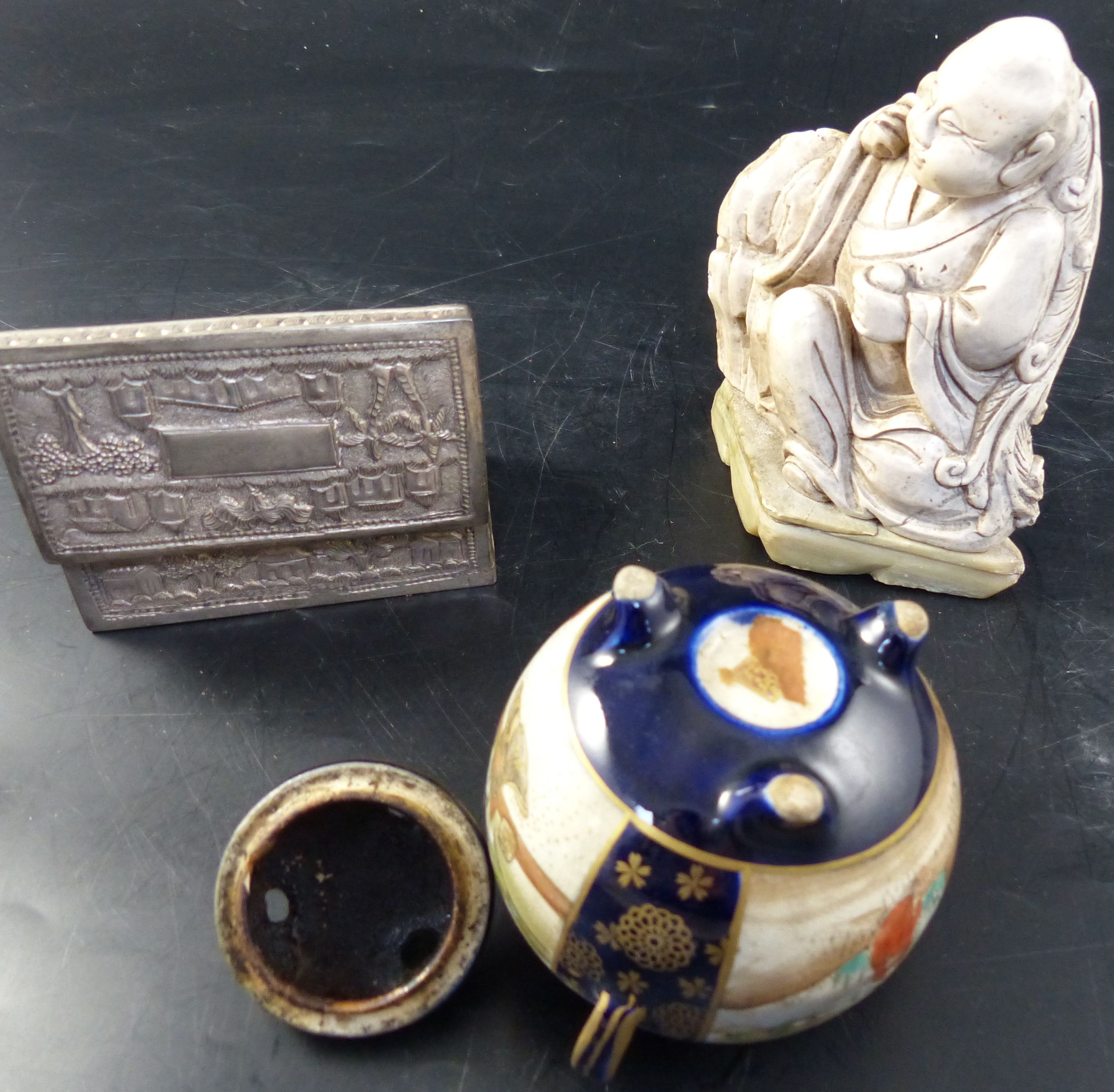 An early 20th century Indian white metal casket, a Satsuma koro, and a Chinese soap